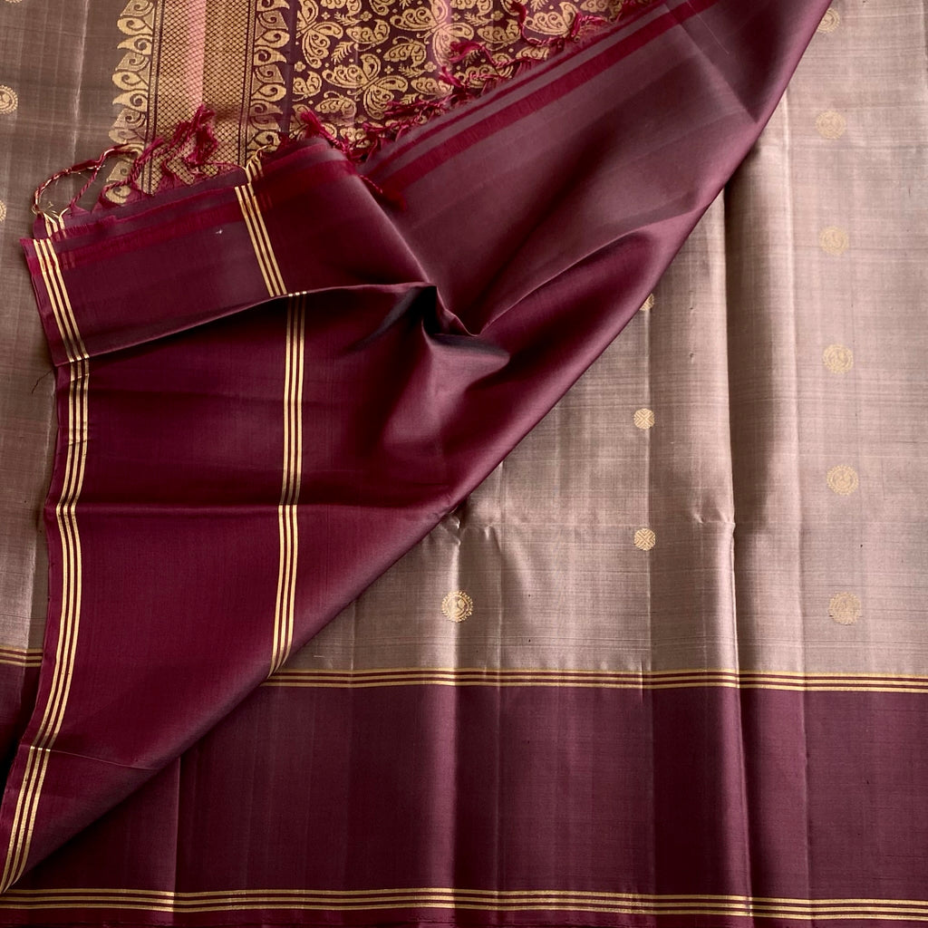 Metallic Taupe Designer Pure Silk Saree With Burgundy Brocade Pallu