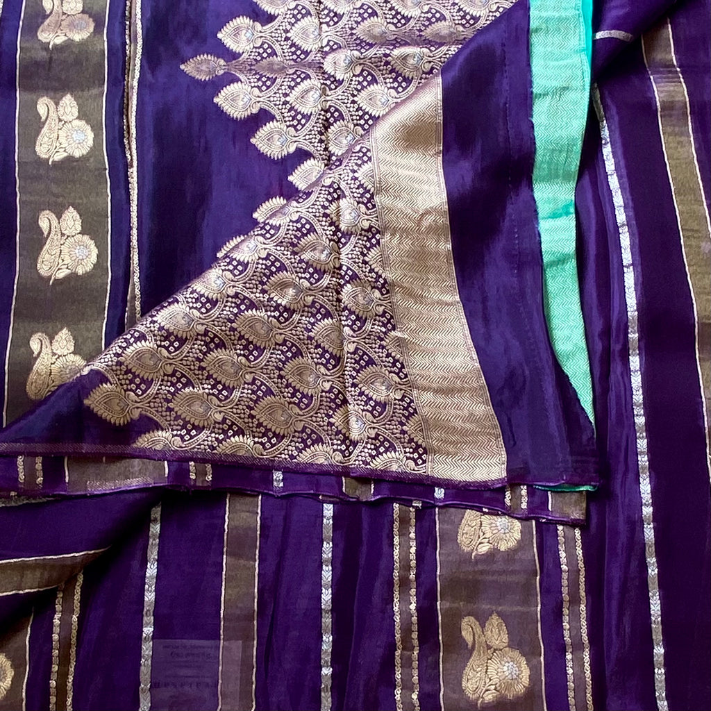Royal Purple soft satin crepe Saree with Gold Zari Paisley Border