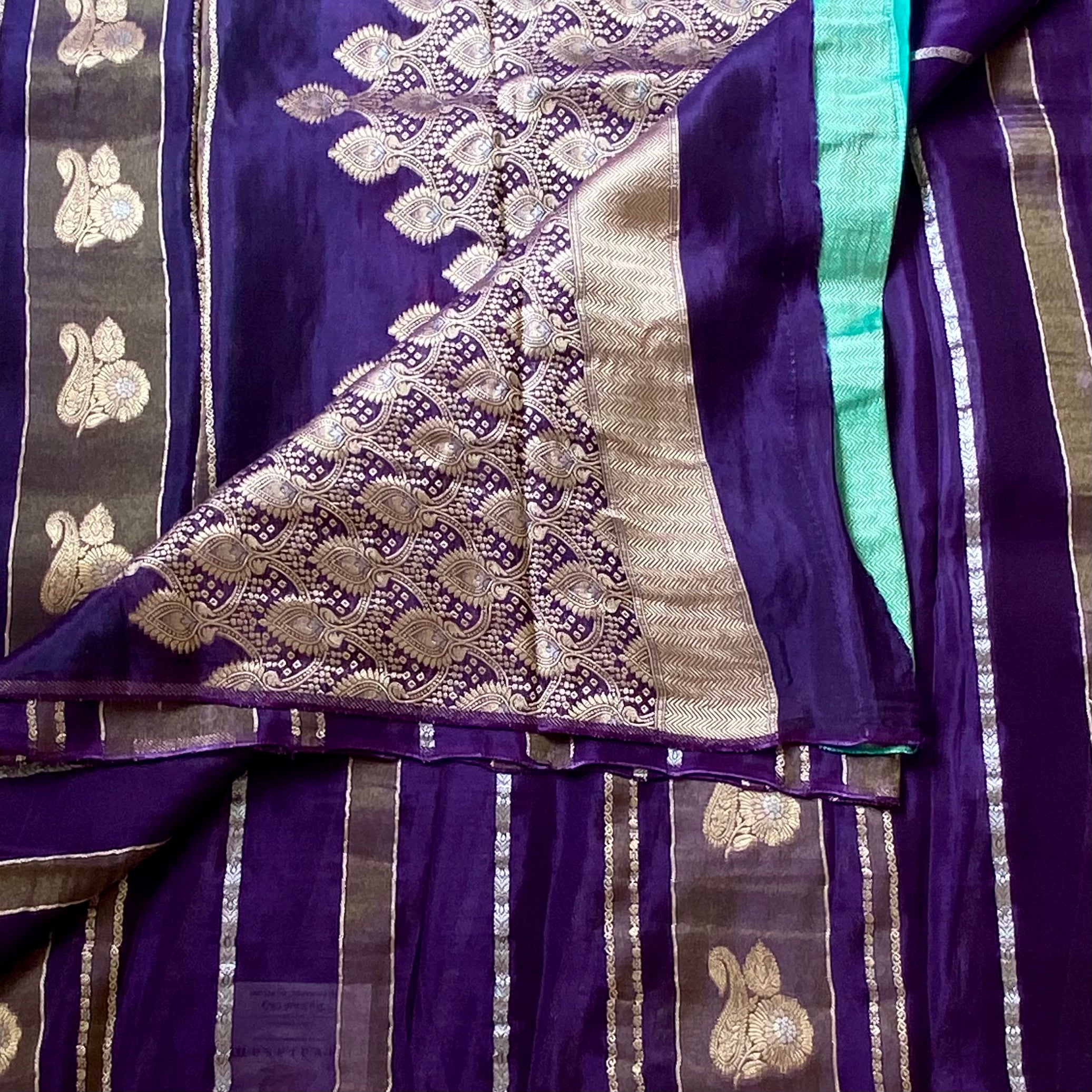 Royal Purple soft satin crepe Saree with Gold Zari Paisley Border