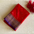 Stunner Scarlet Red Banarasi Crepe Silk Saree With Violet Purple Pallu