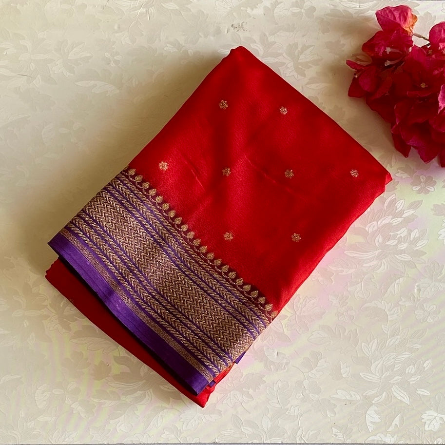 Stunner Scarlet Red Banarasi Crepe Silk Saree With Violet Purple Pallu