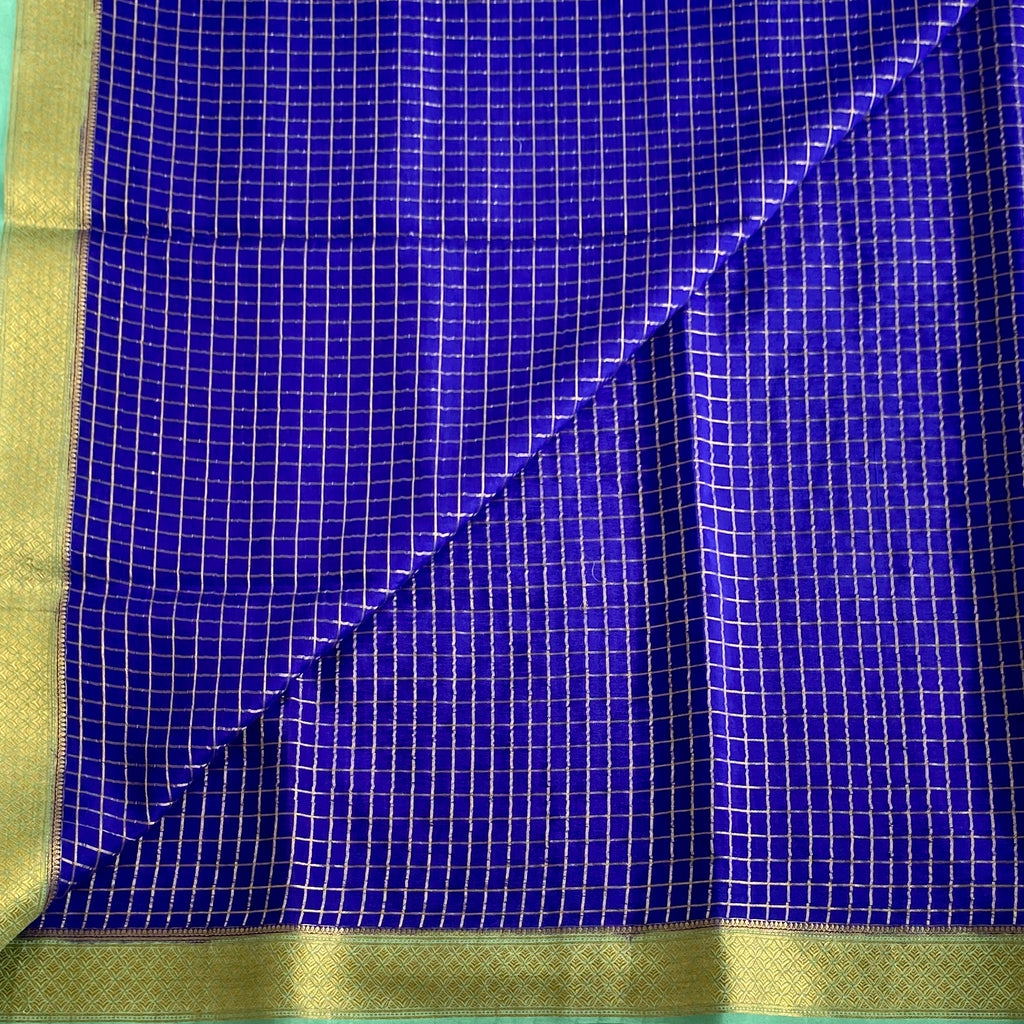 Royal Blue Mysore Crepe Silk Saree With Sea Green Contrast
