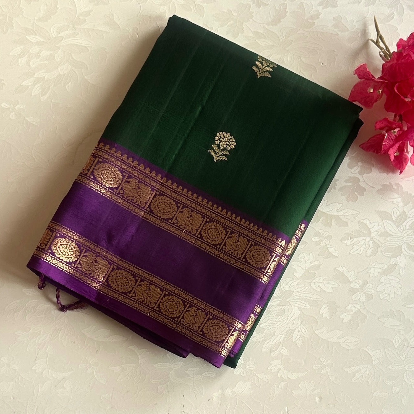 Royal Purple Emerald Green Silk Saree Gold Brocade Border