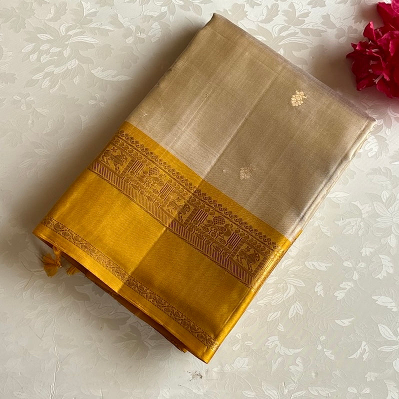 Champagne Beige Designer Pure Silk Saree With Mustard Yellow Pallu