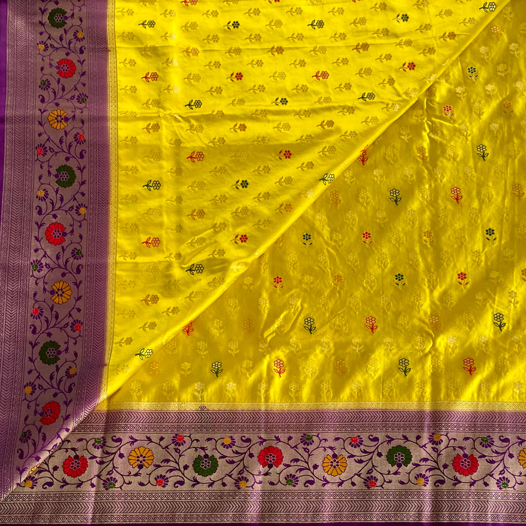 Canary Yellow Banarasi Silk Saree Burgundy Paisley Pallu Purple Border