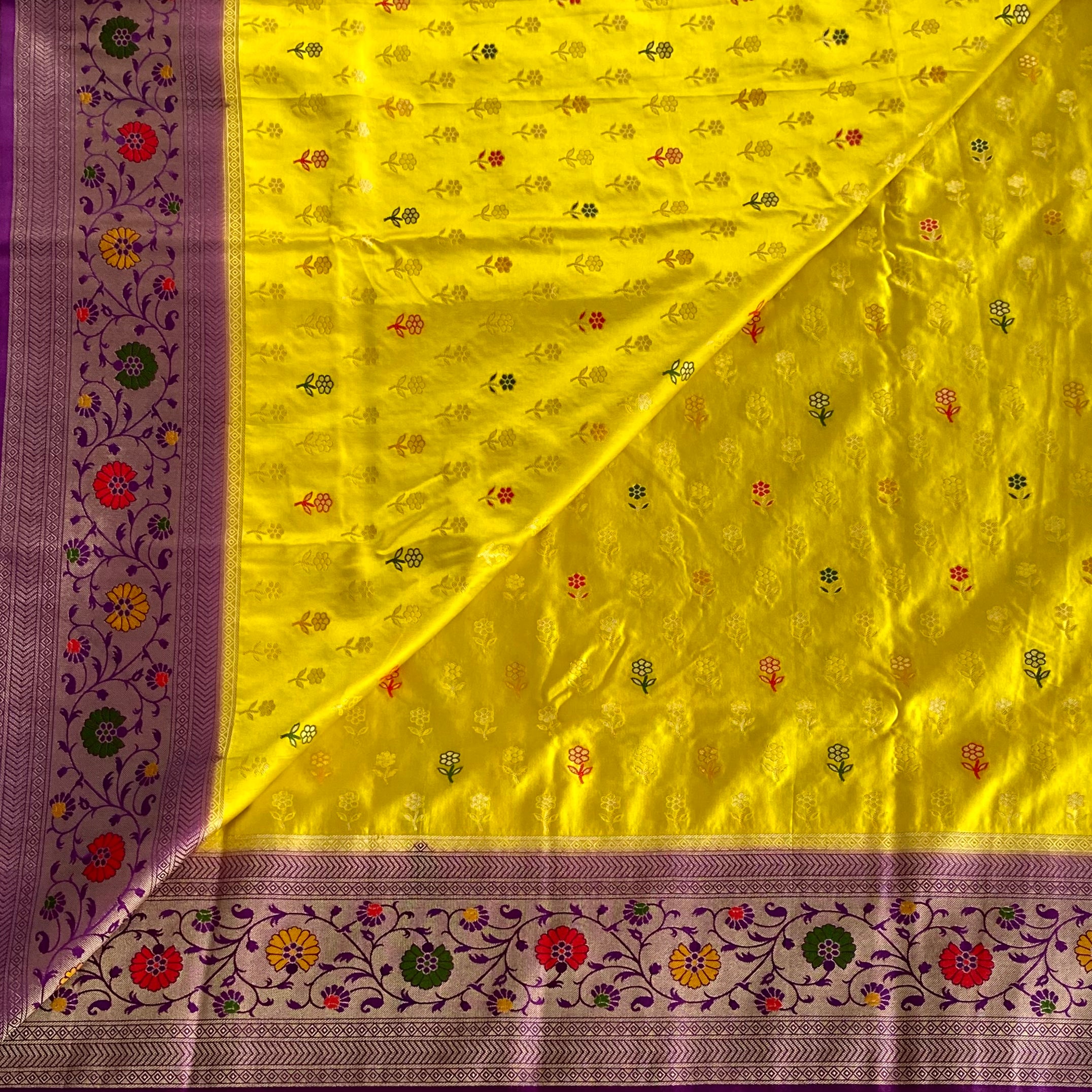 Canary Yellow Banarasi Silk Saree Burgundy Paisley Pallu Purple Border
