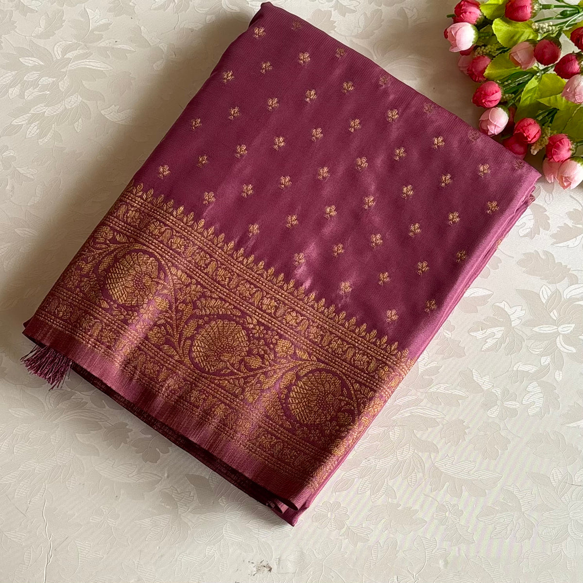 Deep Mauve Soft Satin Crepe Saree With Antique Gold Pallu