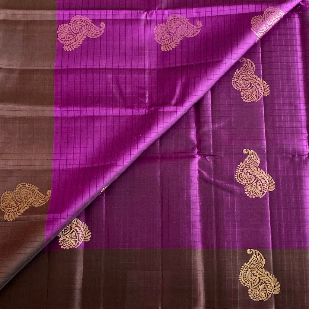 Chocolate Brown Designer Pure Silk Saree With Royal Purple Pallu
