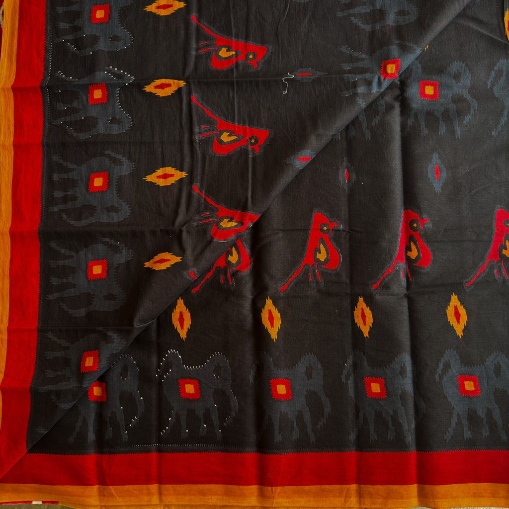 Crimson Black Ikat Saree Elephant Motif Handloom Cotton Silk Border