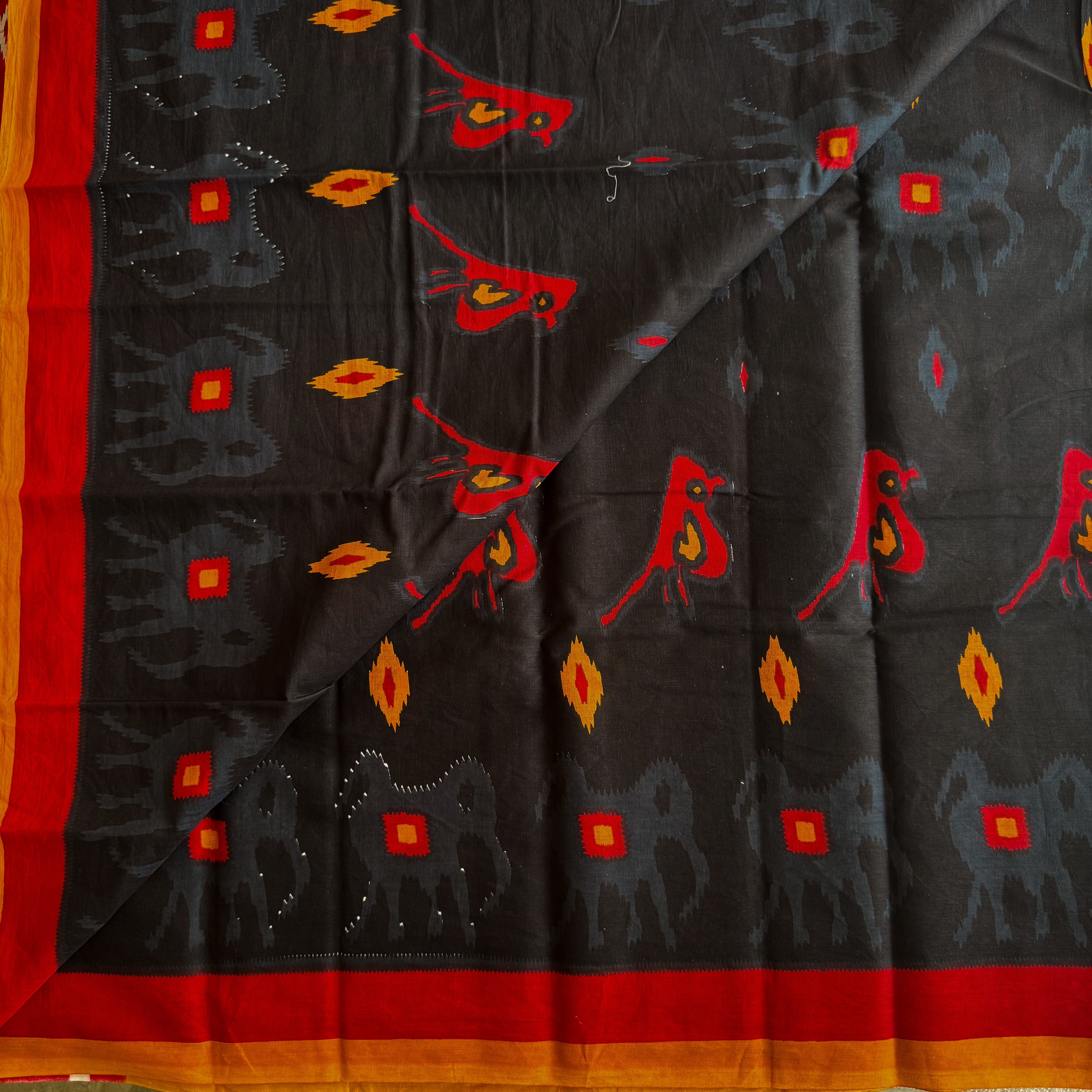 Crimson Black Ikat Saree Elephant Motif Handloom Cotton Silk Border
