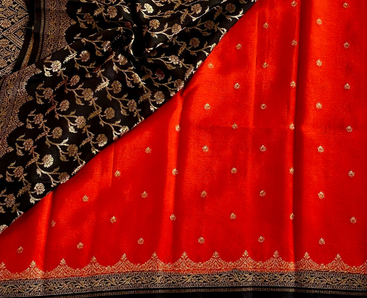 Crimson Red Banarasi Soft Crepe Silk With Jet Black Pallu
