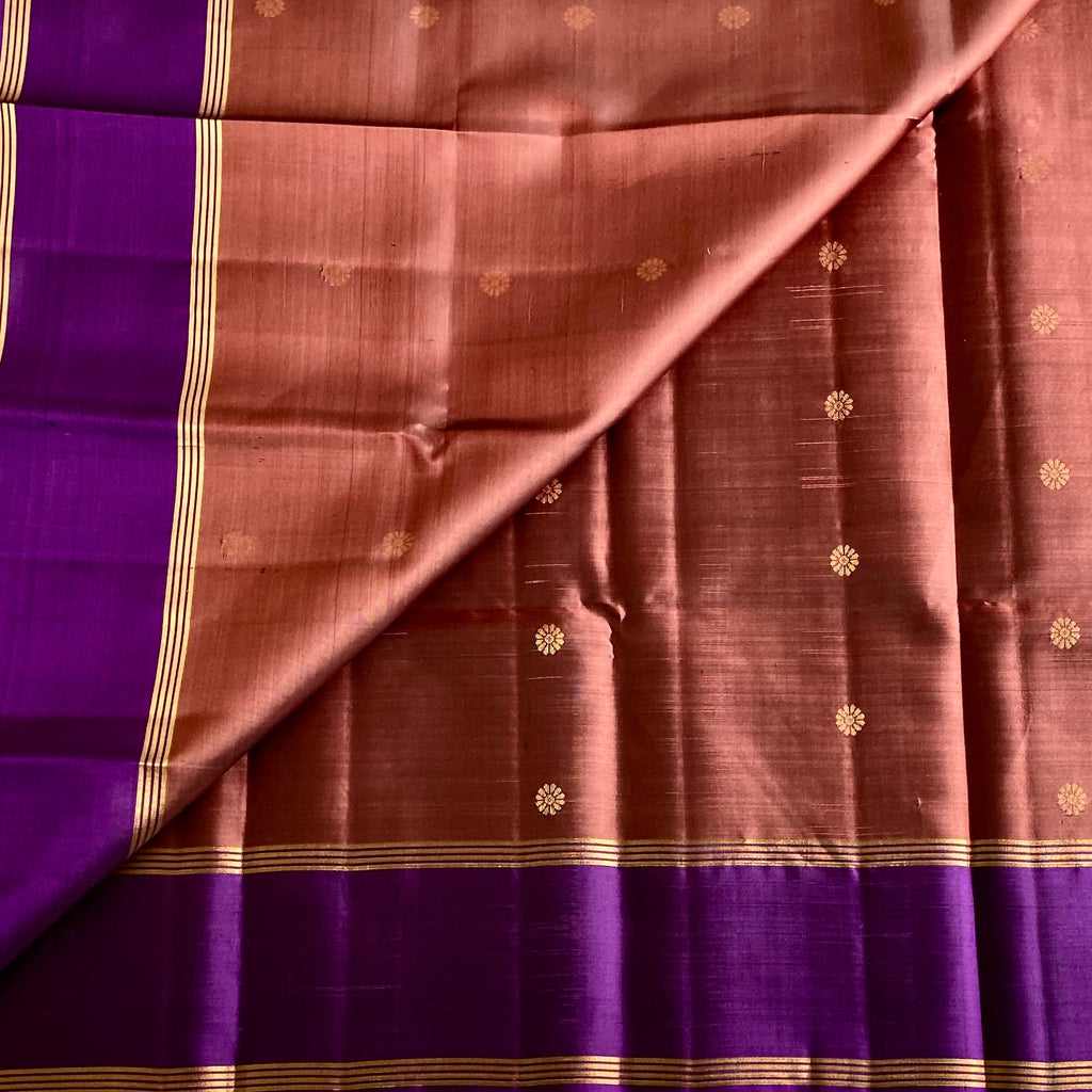 Burnt Copper Designer Pure Silk Saree With Royal Purple Contrast