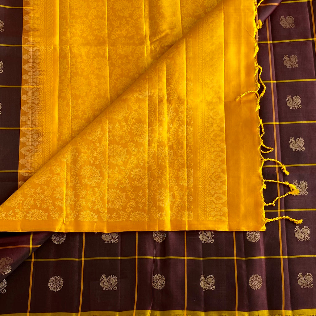 Deep Brown Plum Designer Pure Silk Saree With Mustard Yellow Pallu