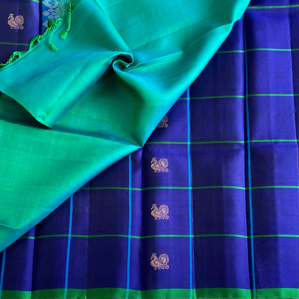 Royal Blue Checkered Designer Pure Silk Saree With Turquoise Pallu