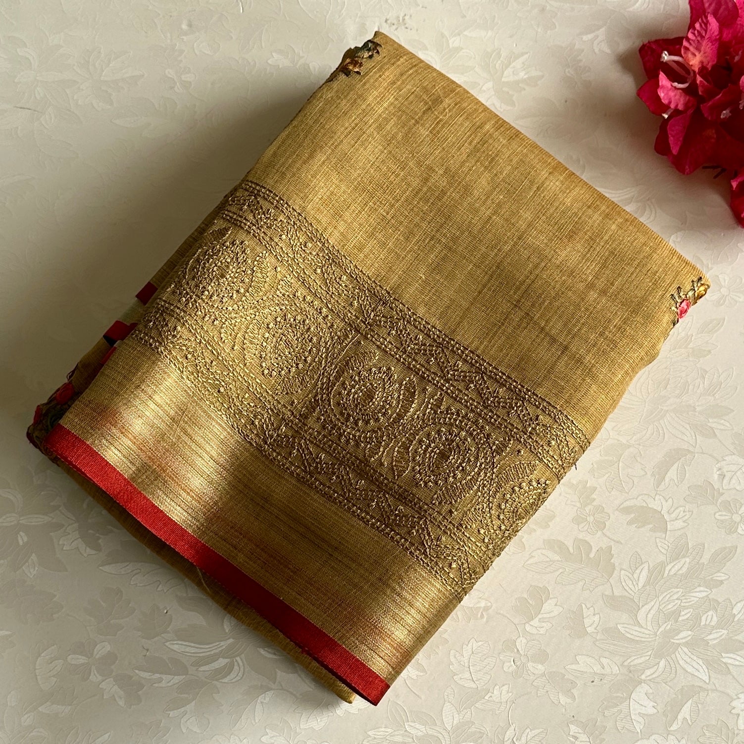 Mustard Gold Soft Linen Embroidered Beauty With Crimson Red Border