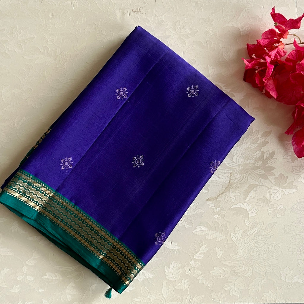 Royal Blue Designer Pure Silk Saree With Teal Green Pallu