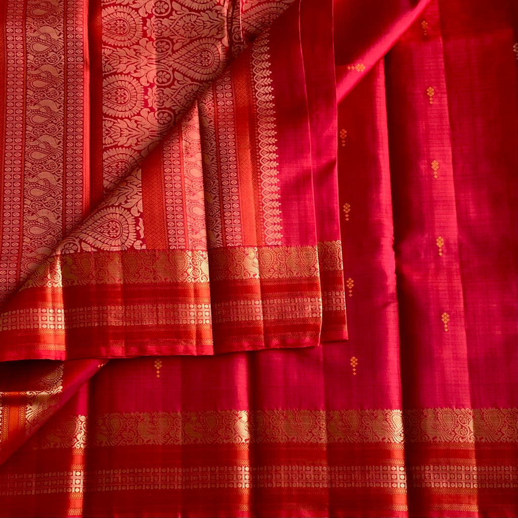 Kanjeevaram Pure Zari Silk Tomato Reddish Pink With Burnt Orange Borders