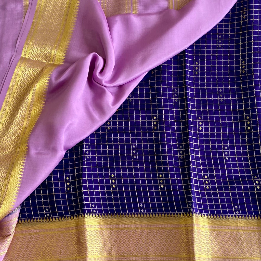 Lavender Mysore Crepe Silk Saree With Royal Blue Pallu