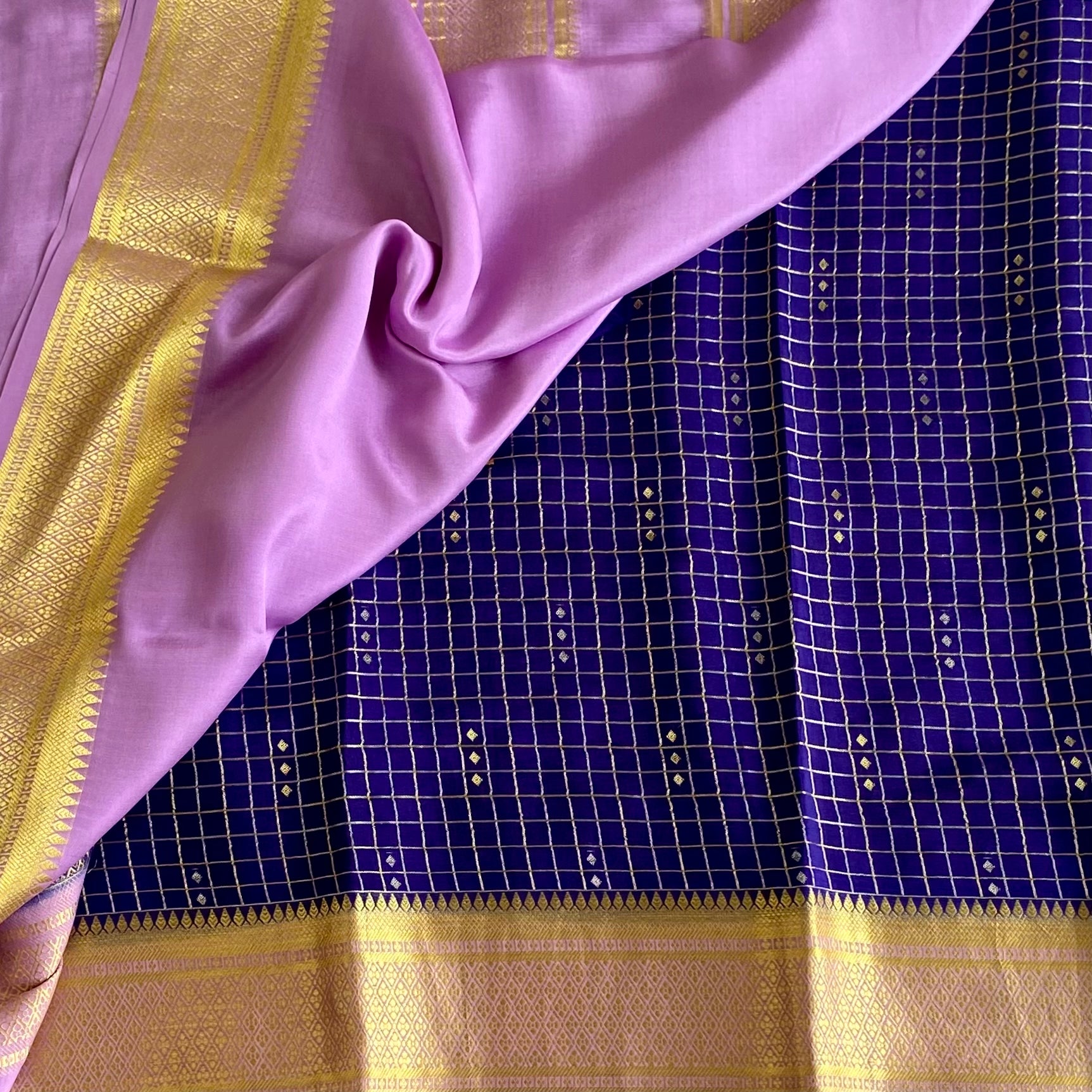 Lavender Mysore Crepe Silk Saree With Royal Blue Pallu