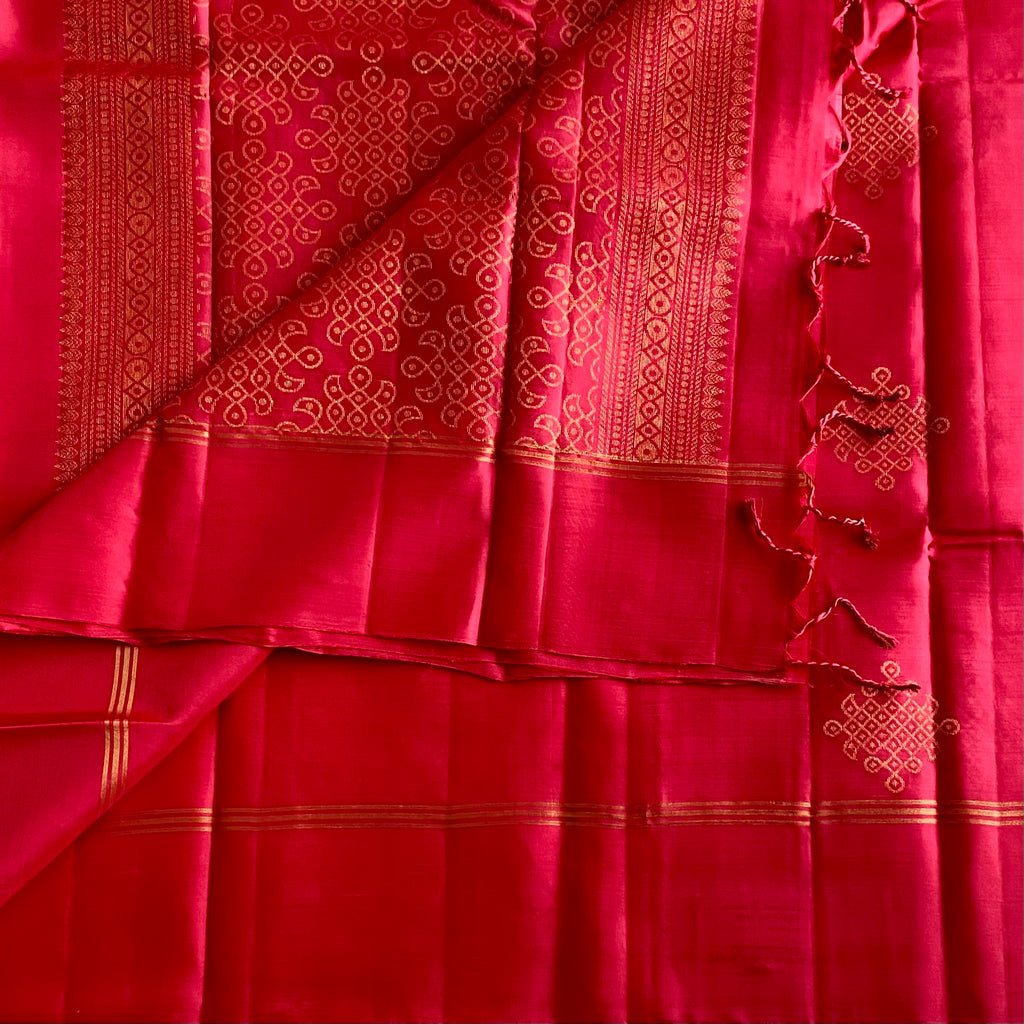 Rani Pink Designer Pure Silk Saree With Kollam Zari Butta