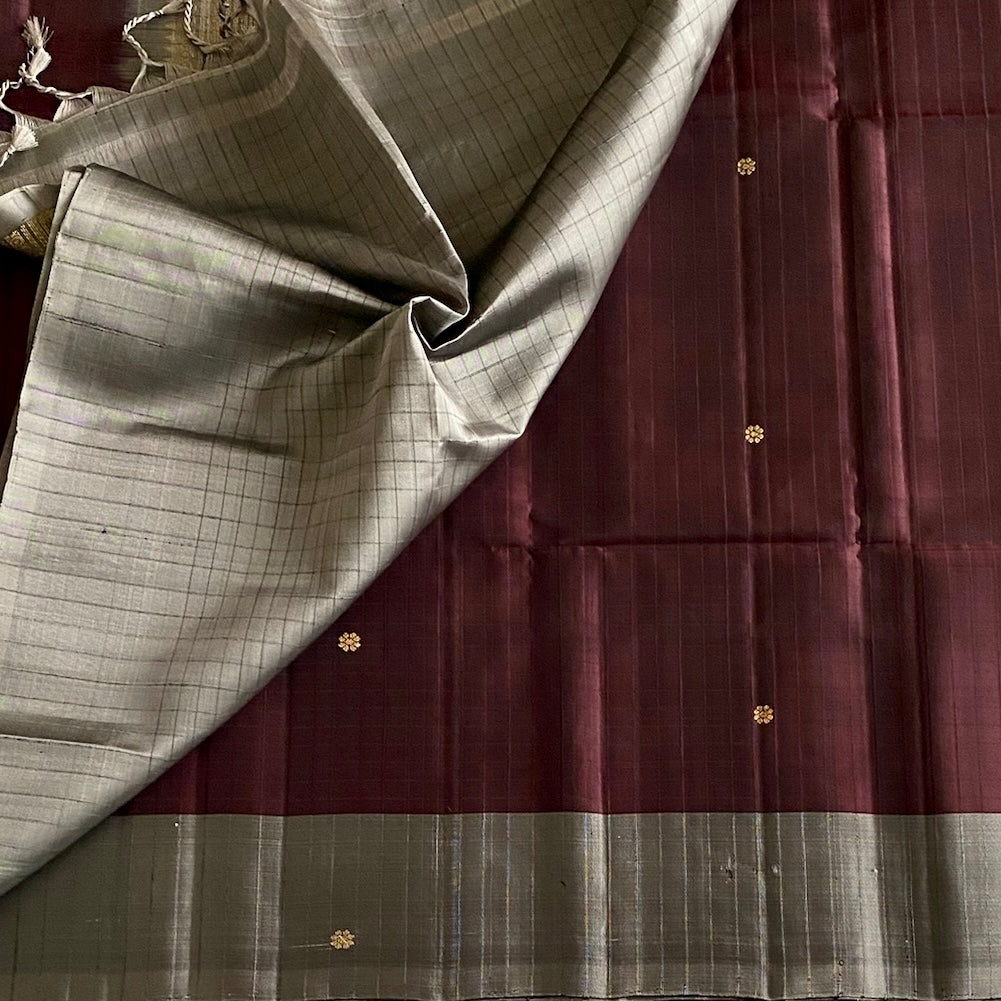 Deep Wine Maroon Designer Pure Silk With Silver Grey Pallu