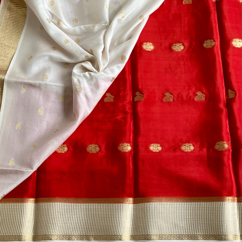 Crimson Red Soft Satin Crepe Silk Saree With Ivory Pallu
