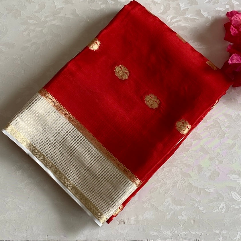 Crimson Red Soft Satin Crepe Silk Saree With Ivory Pallu