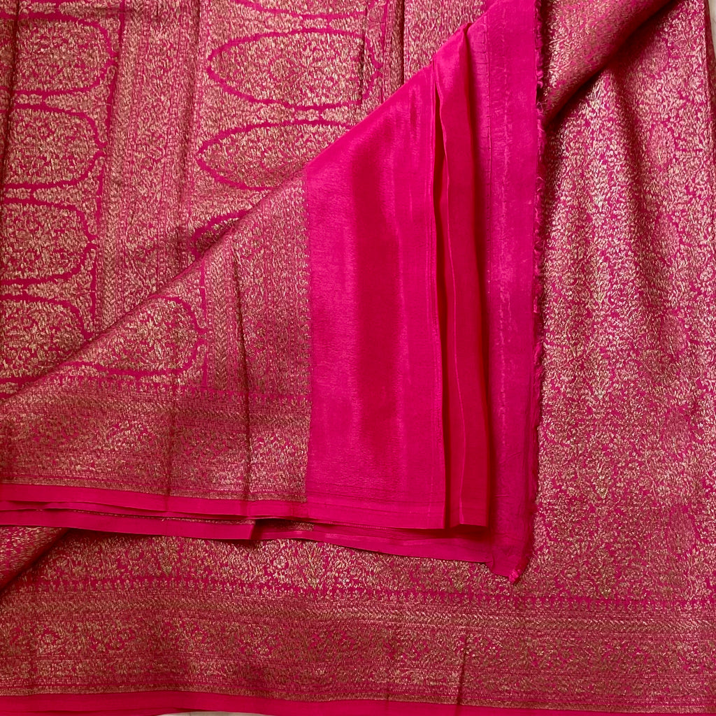 Magenta Gold Brocade Saree Elongated Paisley Pallu Wedding Wear Traditional