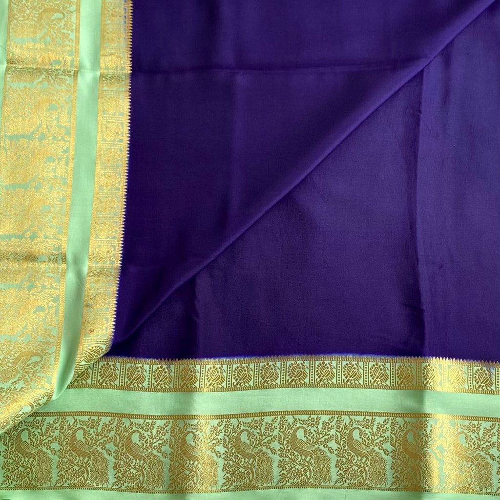 Midnight Navy Mysore Crepe Silk Saree With Mint Green Pallu