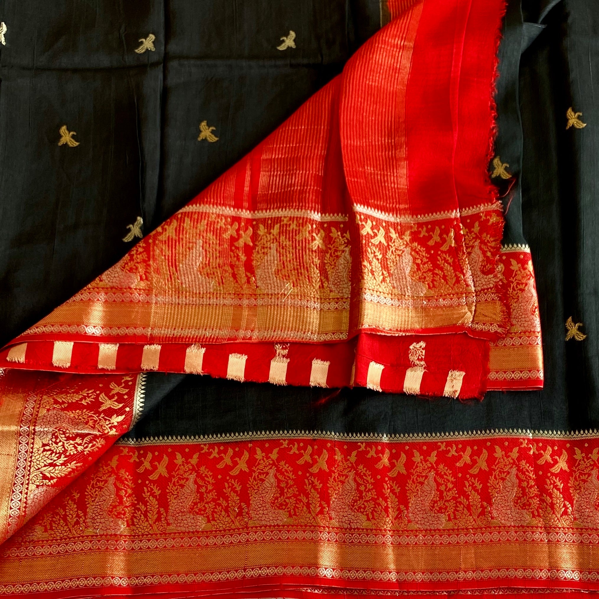 Charcoal Black Soft Tussar Silk Saree With Scarlet Red Pallu