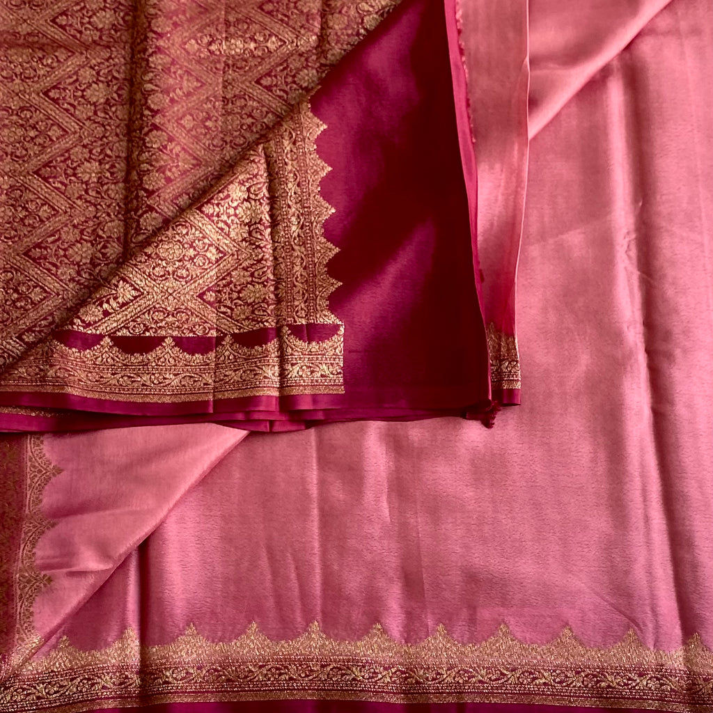 Banarasi Crepe Silk Dusty Rose Saree With Deep Magenta Pallu