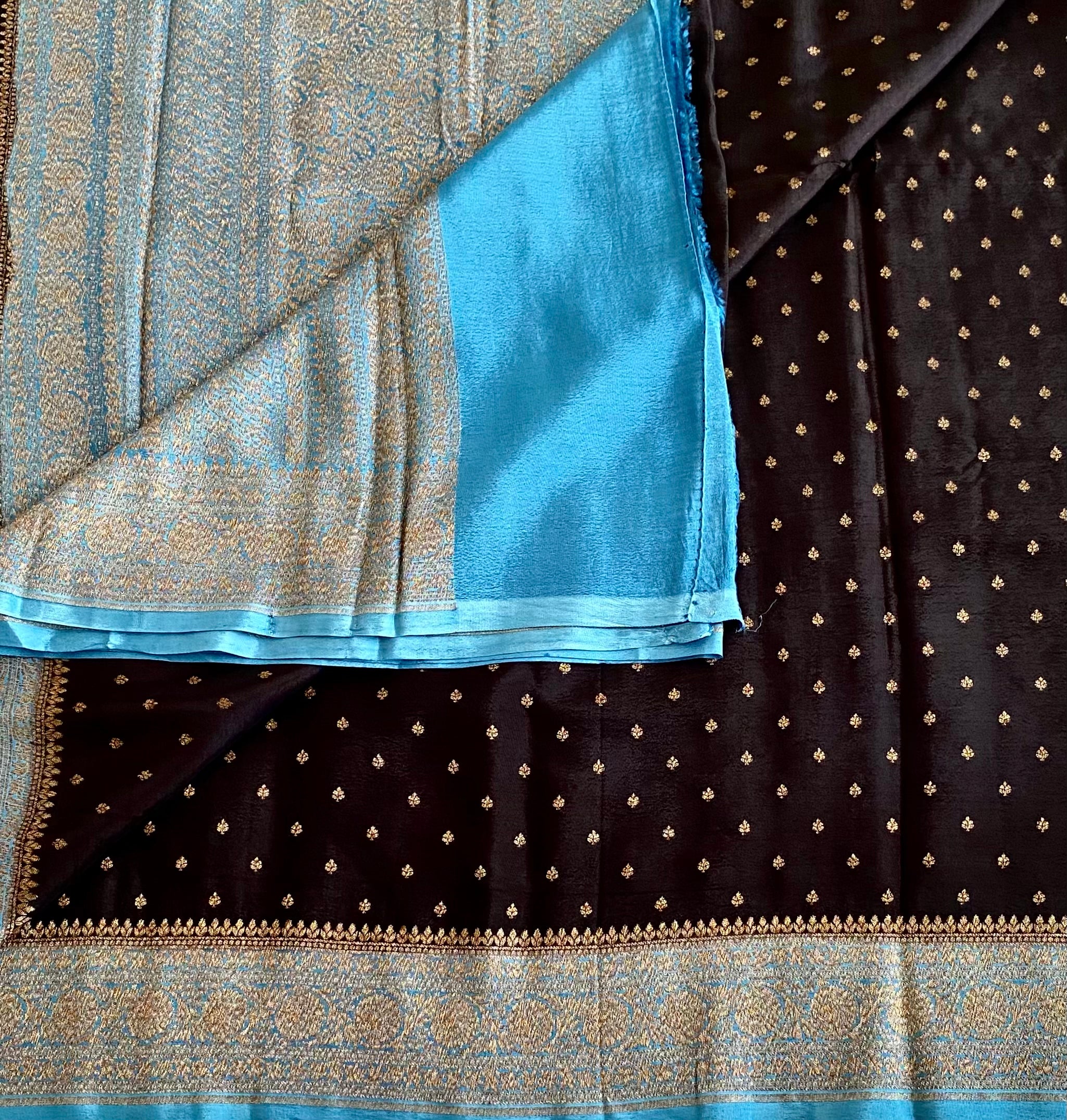 Gorgeous Black Banarasi Crepe Silk Saree With Turquoise Blue Border