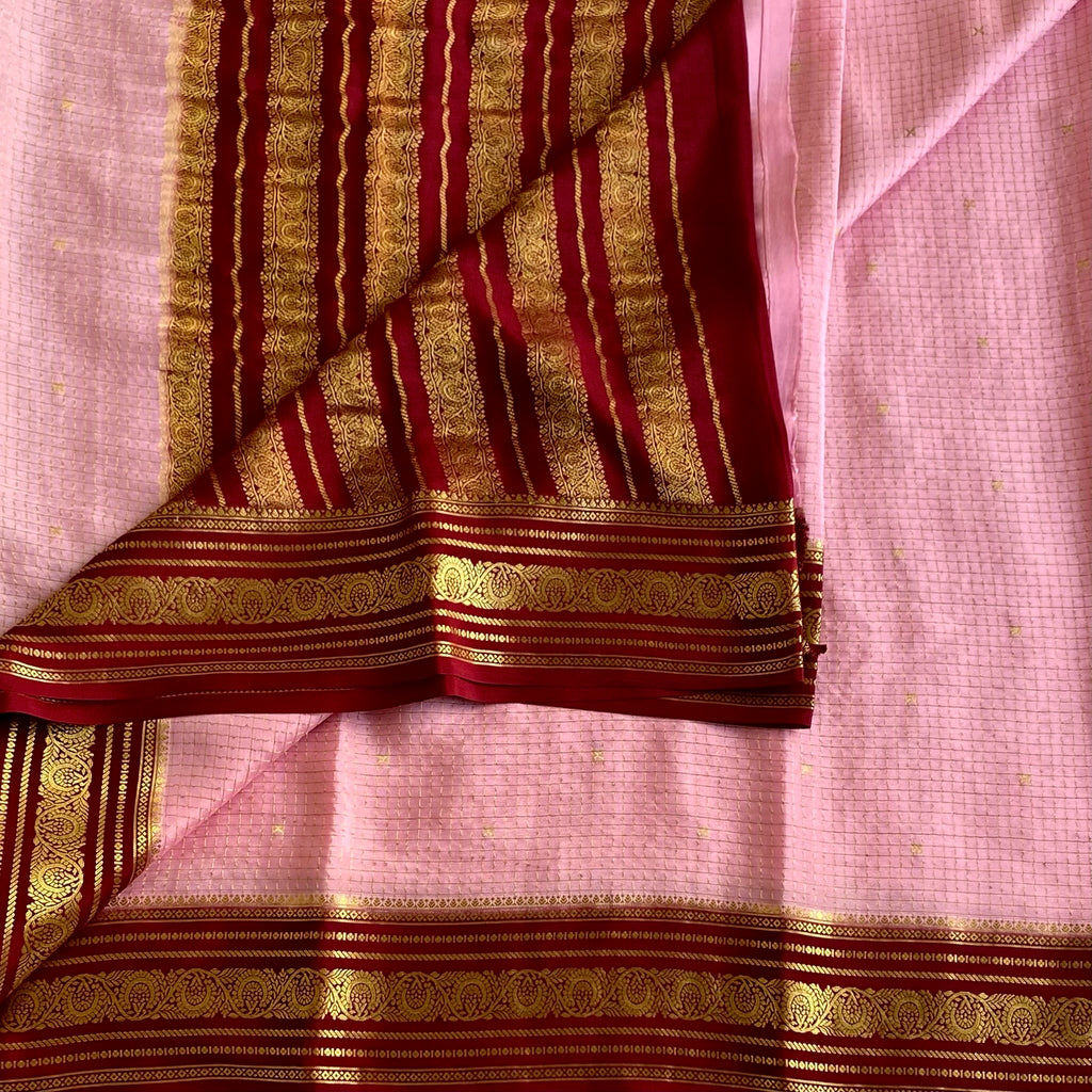 Blush Pink And Deep Maroon Mysore Crepe Silk Saree With Zari
