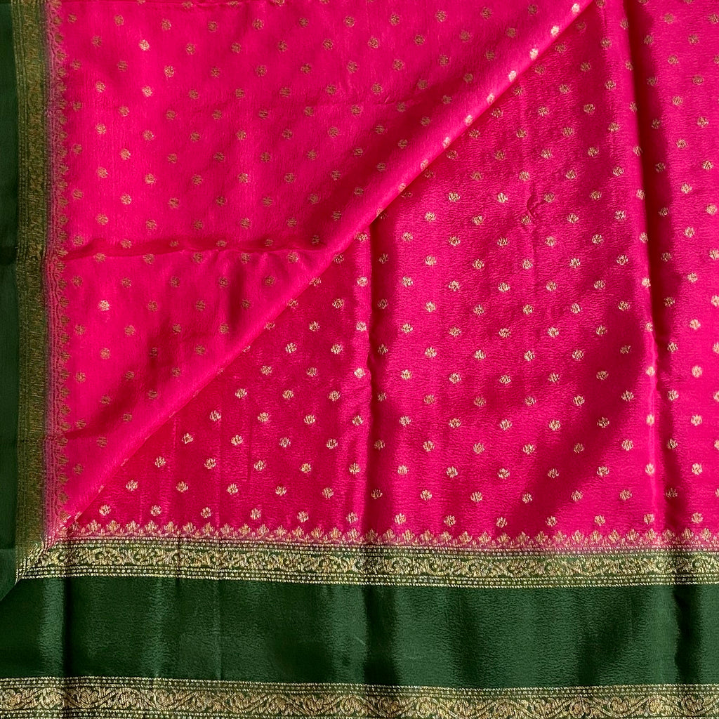 Cherry Pink Banarasi Crepe Silk Saree With Bottle green Pallu