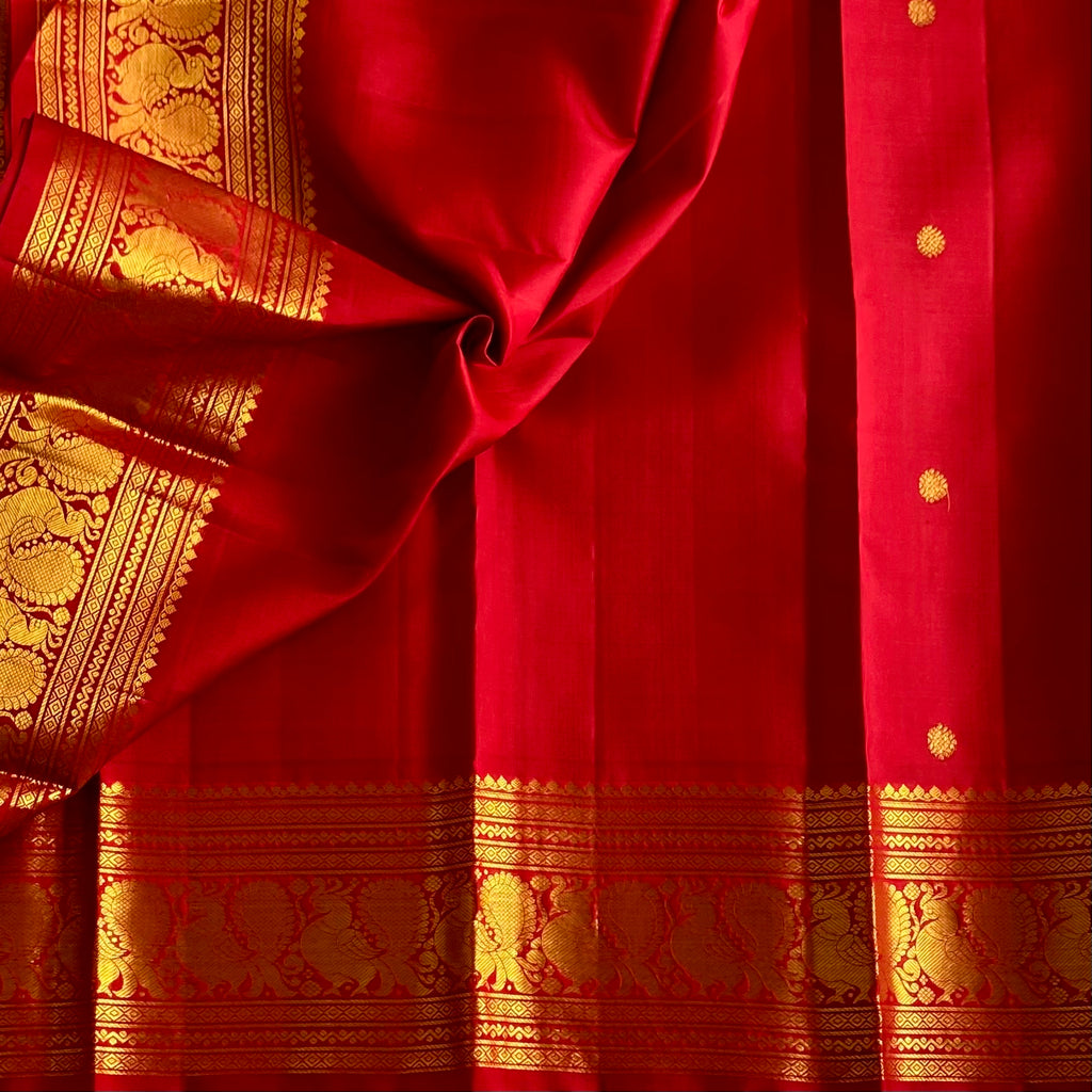 Crimson Red Kanjeevaram Pure Zari Silk Saree With Rich Gold