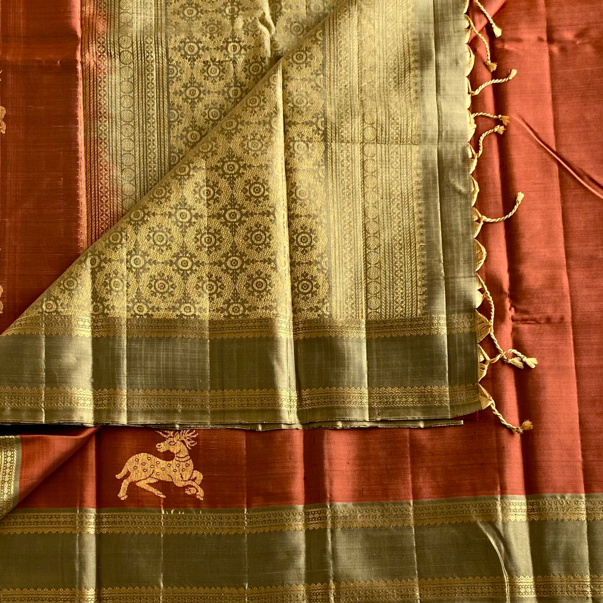 Rarest Rust With Vintage Metallic Sage Green With Deer Motifs Pure Silk