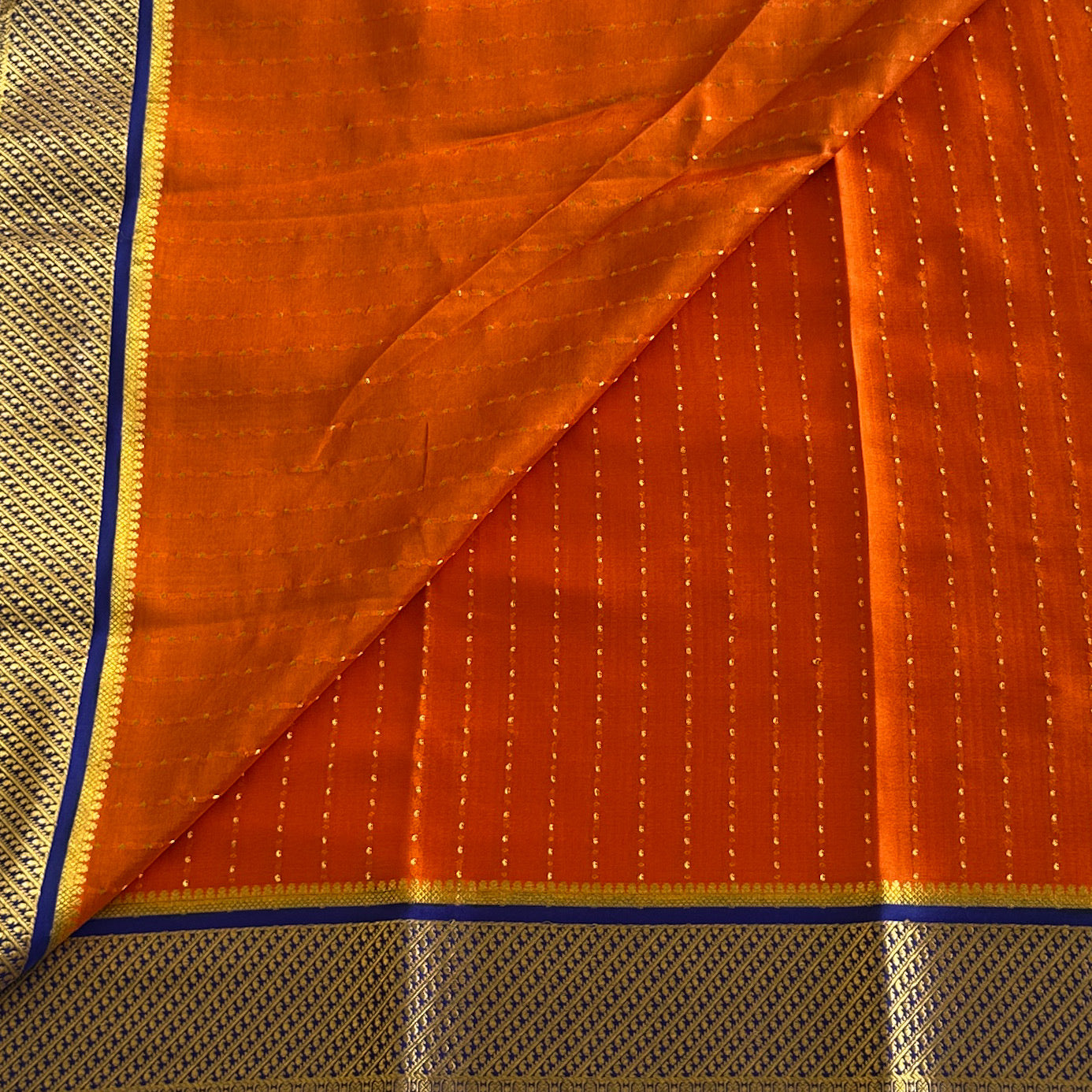 Burnt Orange Zari Buttas With Royal Blue Pure Mysore Silk