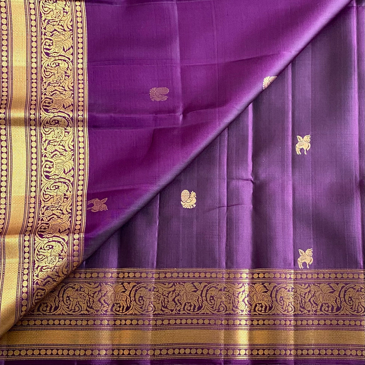 Deep Purple Designer Pure Silk Saree With Antique Gold Pallu And Paisley Border