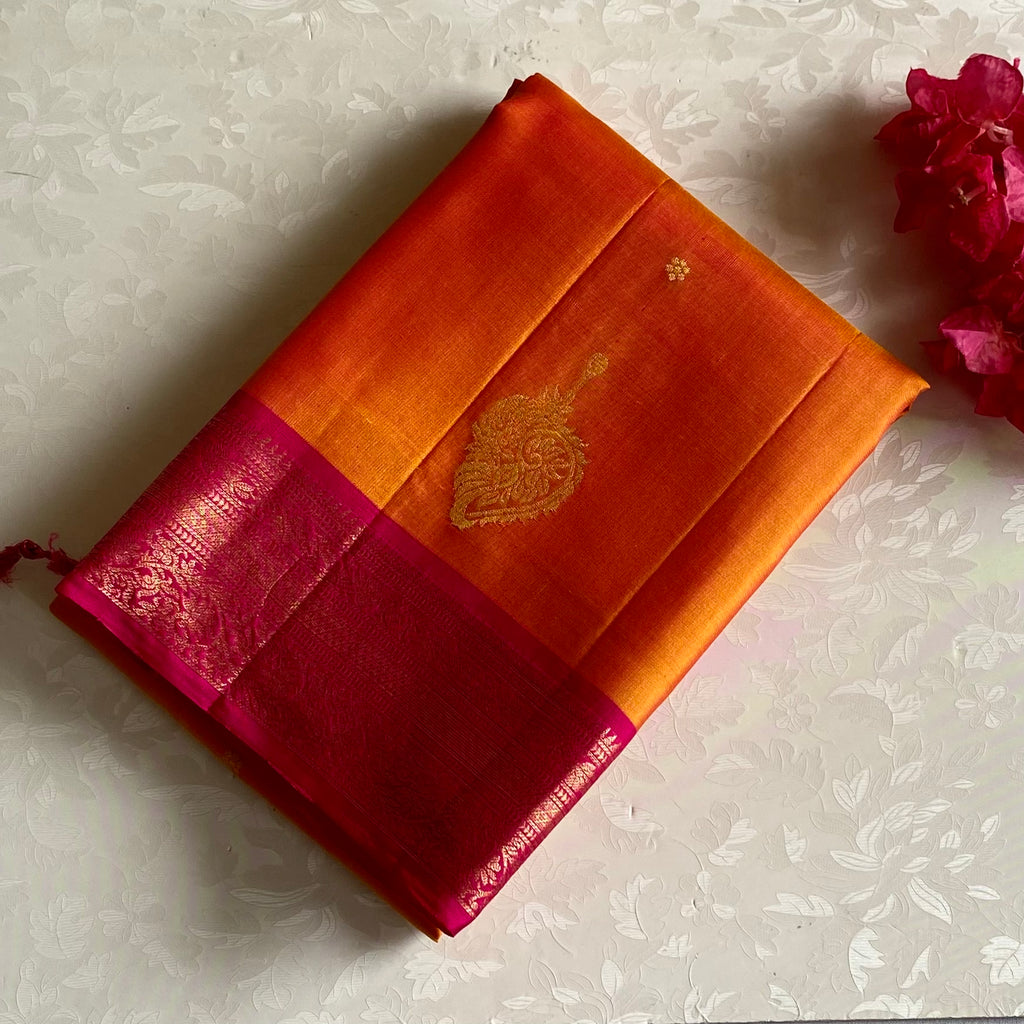 Tangerine Orange Designer Pure Silk Saree With Rani Pink Pallu