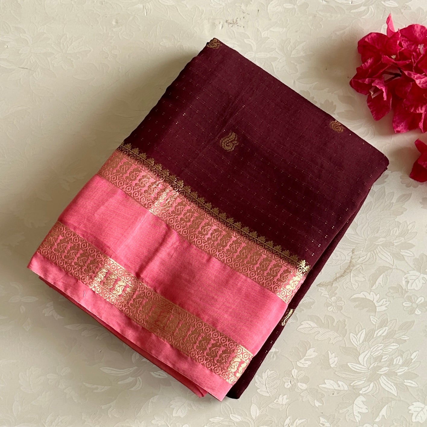 Deep Maroon Soft Tussar Silk Saree With Coral Pink Pallu