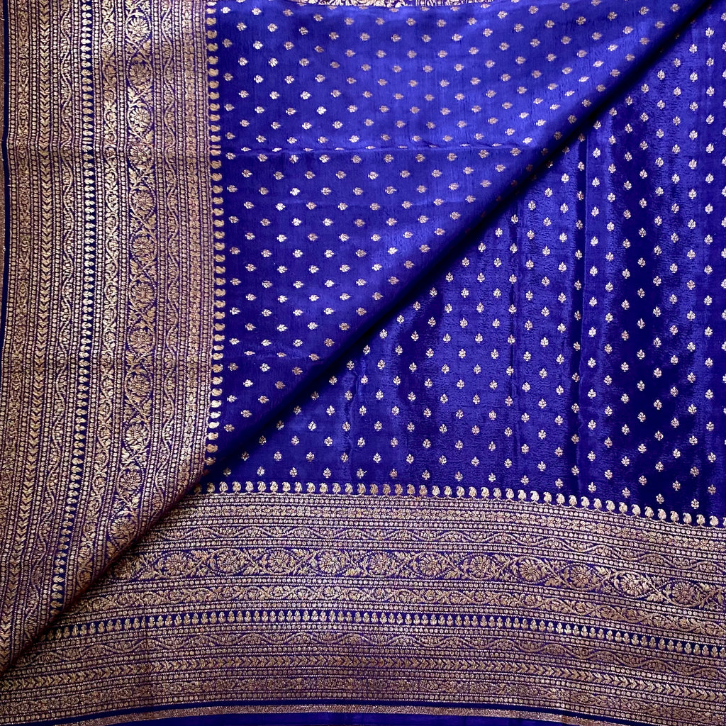 Royal Blue Gold Brocade saree with Heavy Zari Border Elegant