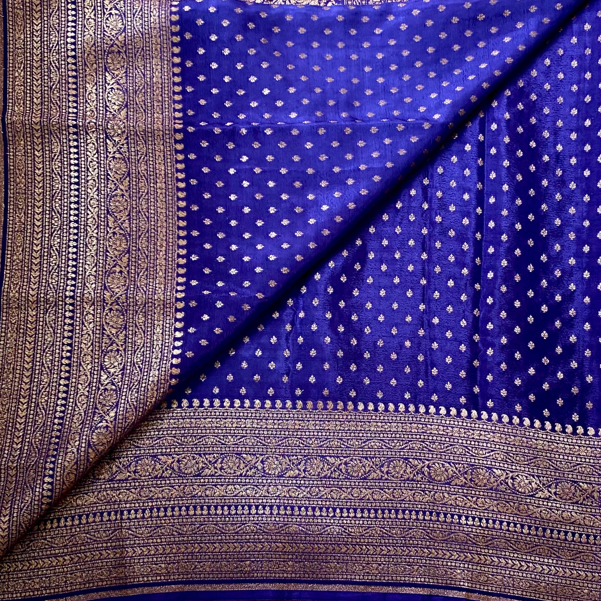 Royal Blue Gold Brocade saree with Heavy Zari Border Elegant