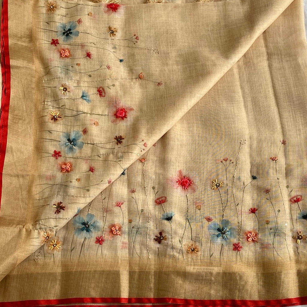 Golden Beige Soft Linen Saree With Scarlet Red Border