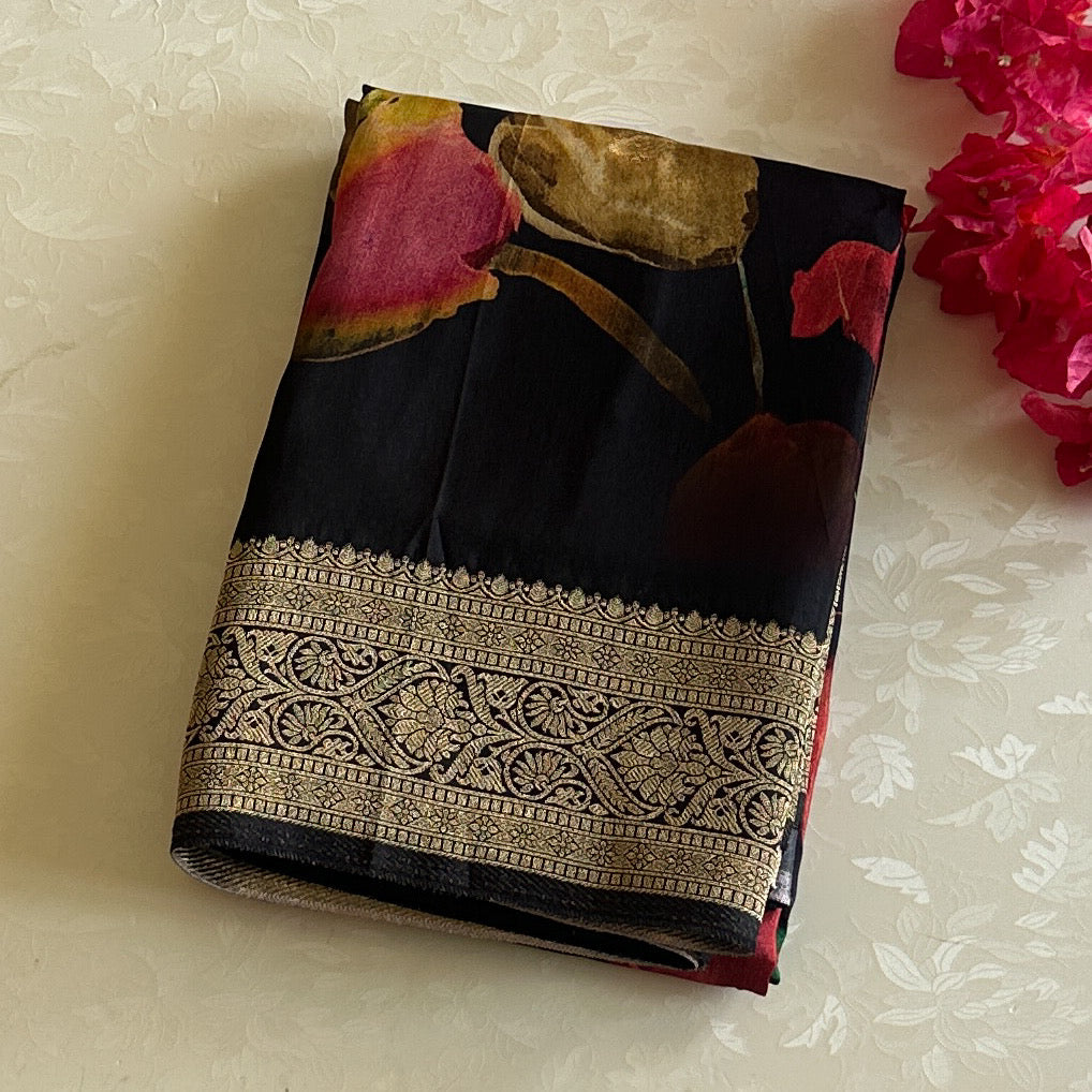 Midnight green Floral Luxury soft tussar Saree with Antique Gold Brocade Border
