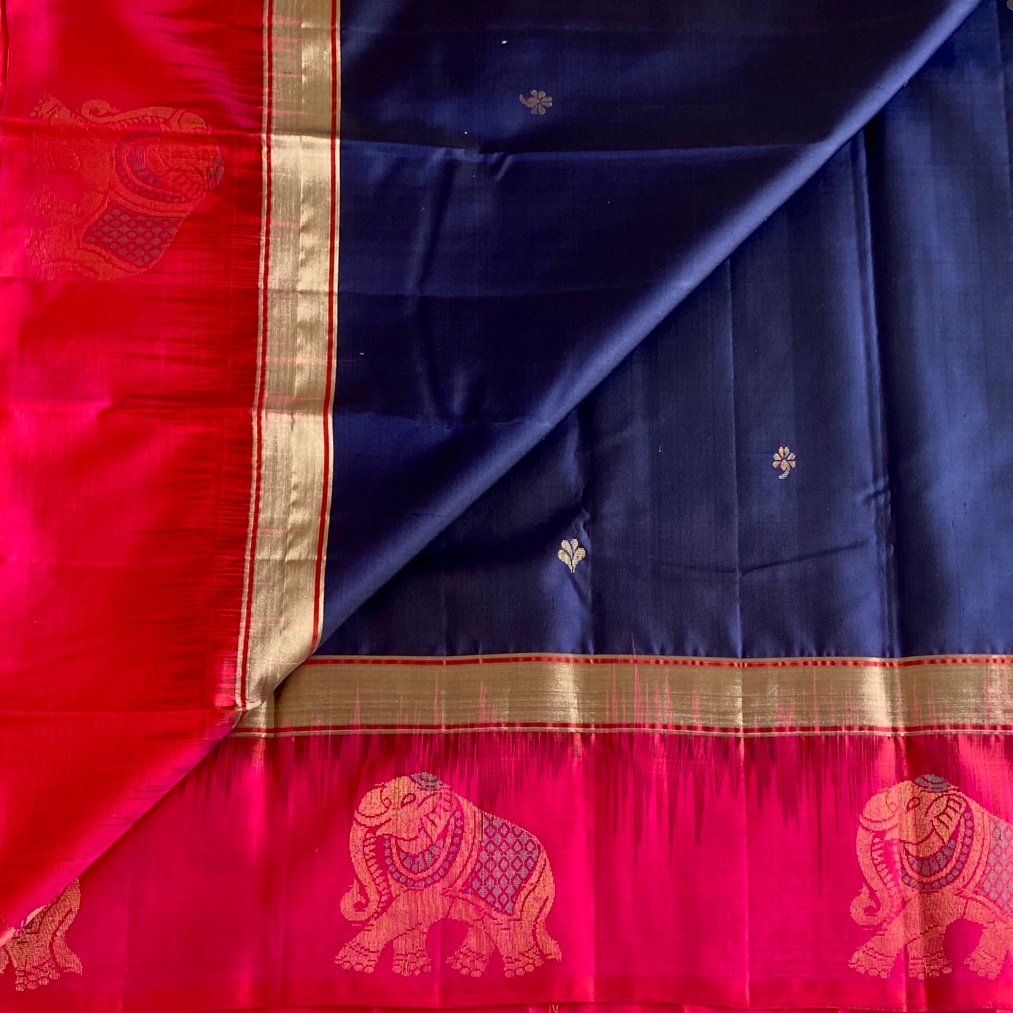 Midnight Navy Blue Designer Pure Silk With Pink Borders & Rich Pallu
