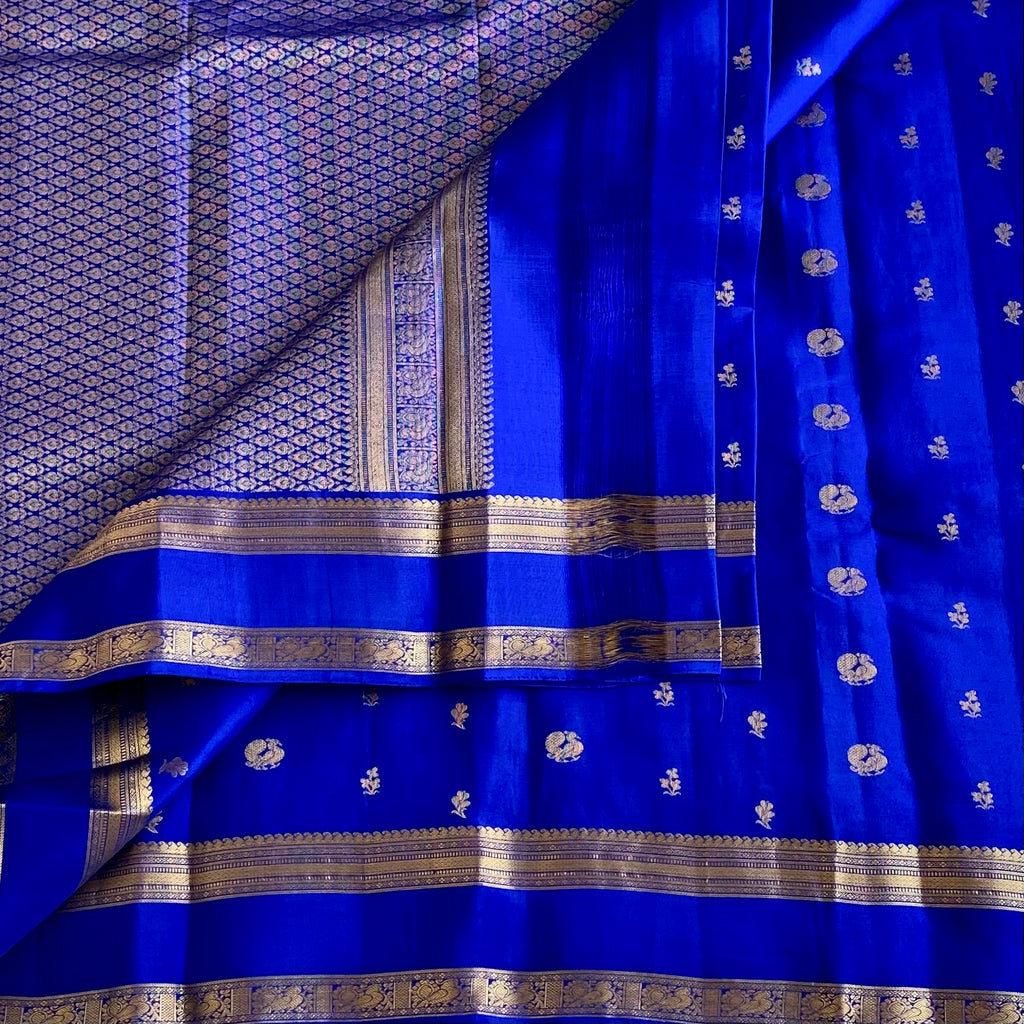 Cobalt Blue Designer Pure Silk Saree With Metallic Gold Jaal