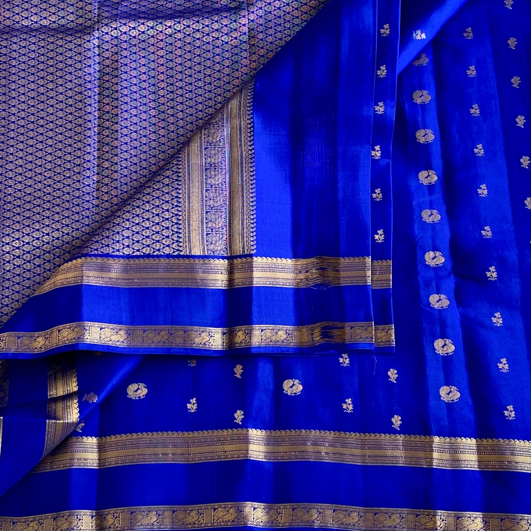 Cobalt Blue Designer Pure Silk Saree With Metallic Gold Jaal