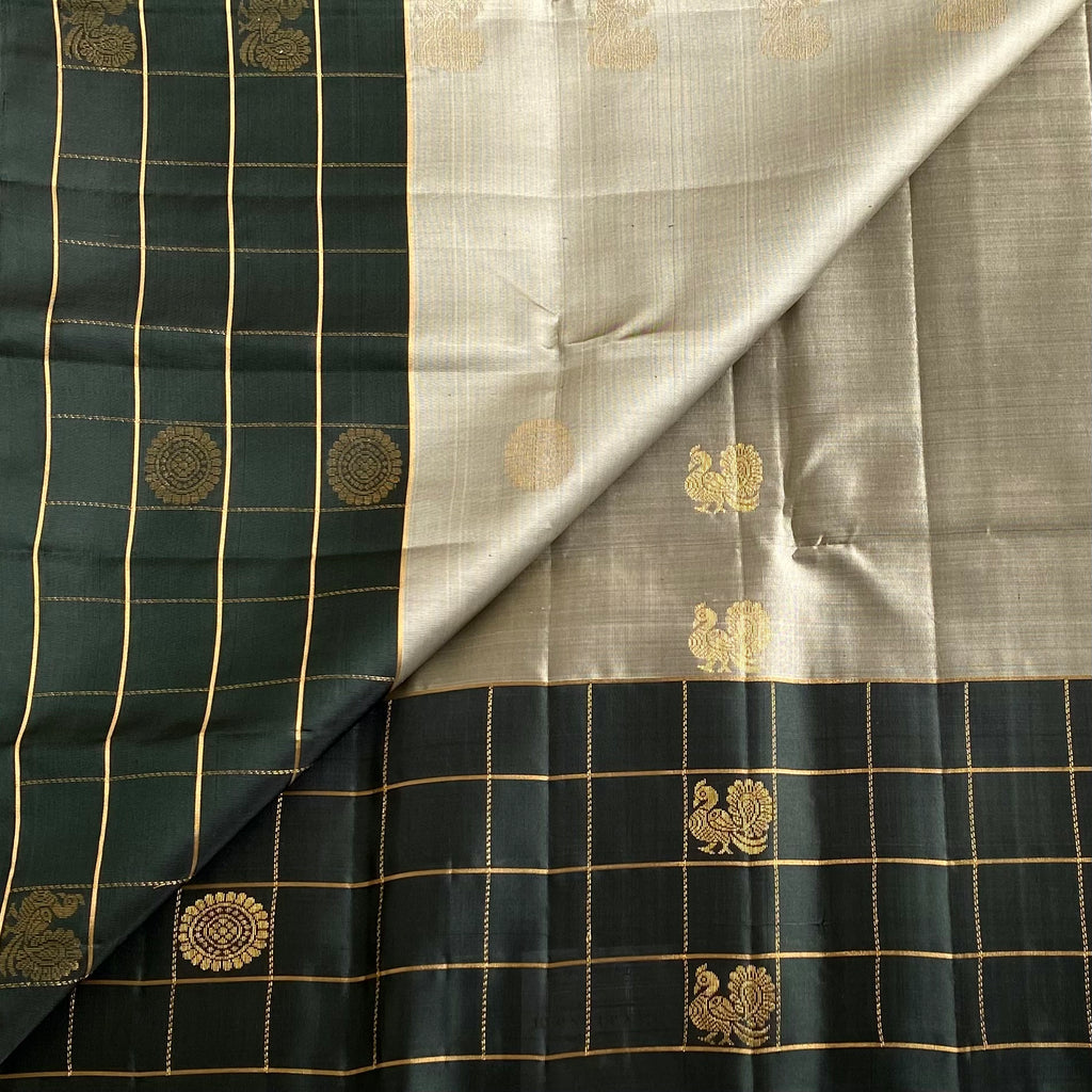 Silver Gray with Deepest Forest Green Designer Pure Silk Saree