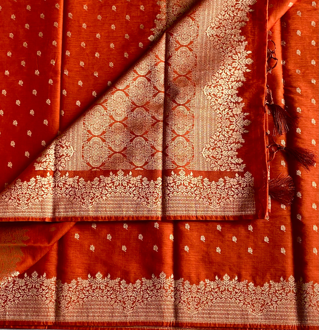 Burnt Orange designer soft tussar with antique gold zari weave