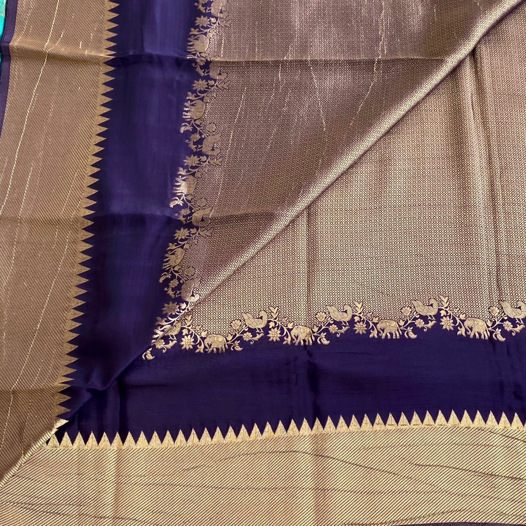 Navy Blue With Turquoise Soft Tussar Silk Saree Antique Gold Floral Pallu
